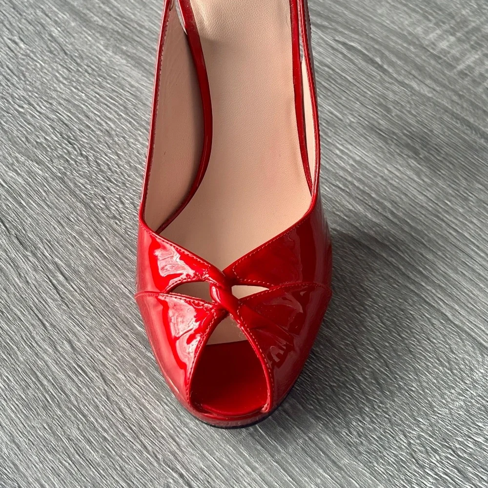 Stuart Weitzman Red Patent Leather Slingback Peep Toe Heels 6.5M NEW - Picture 3 of 8